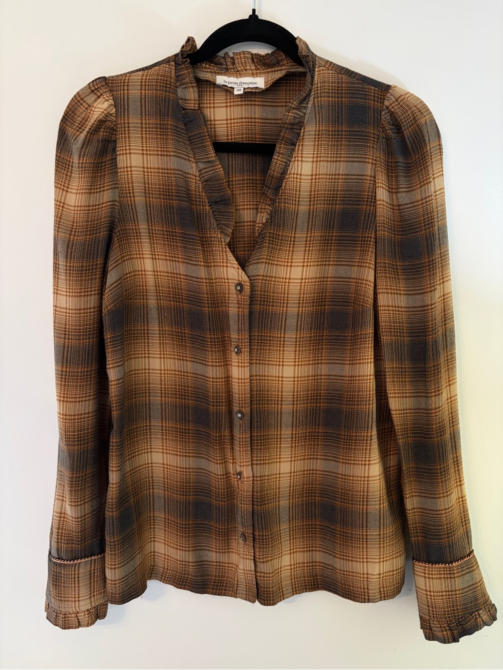 La Petite Française Paris Brown Plaid Ruffle Neck Blouse Made in France FR 38/S